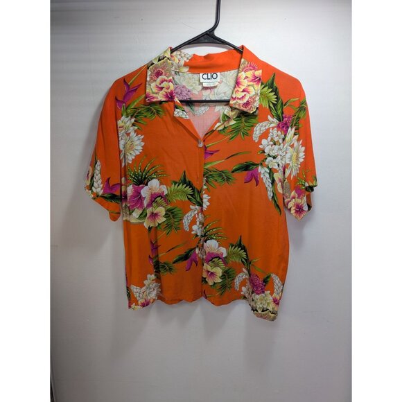Clio Orange Hawaiian Floral Print Button-Up Shirt Short Sleeves, Size S - Picture 2 of 9